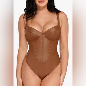 Popilush Faux Leather Corset Bodysuit Shape-wear